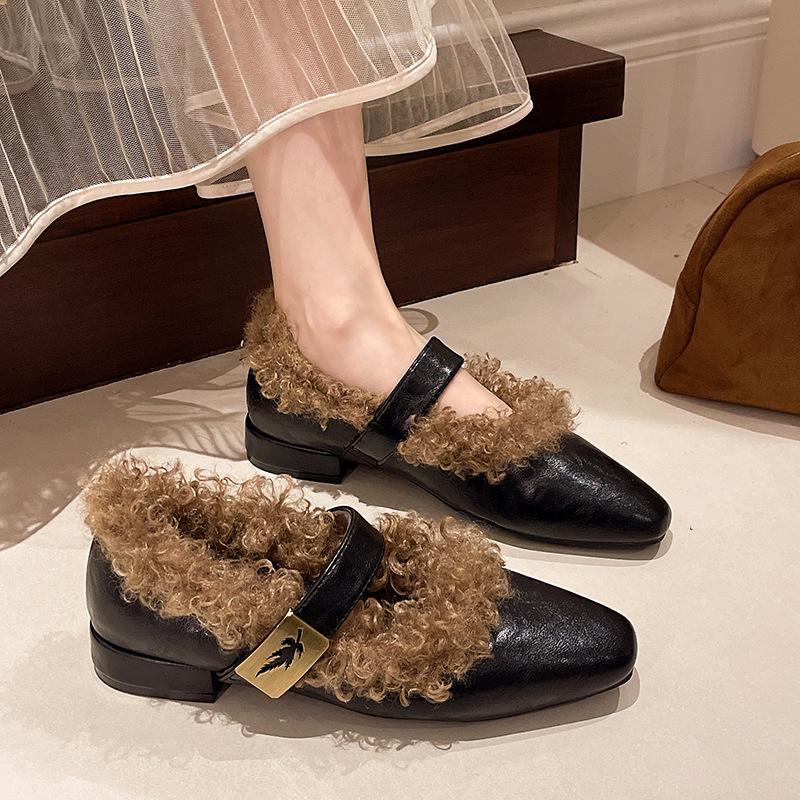 Autumn Winter Women's Low Heel Mary Jane Shoes Square Toe Fuzzy French Retro Style Plush Pumps Vintage Comfortable Footwear