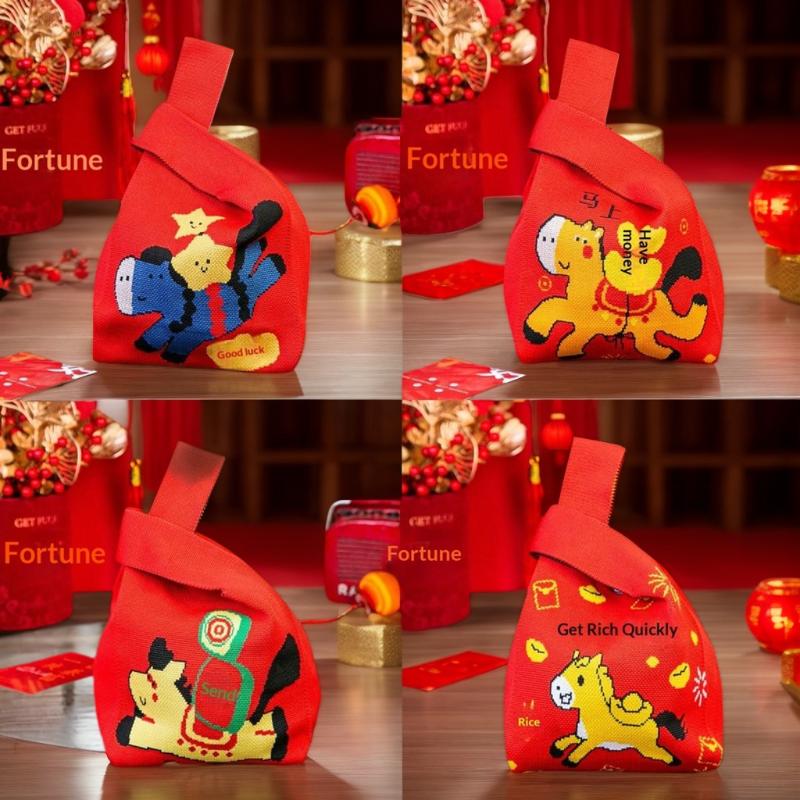Reusable Knitted Candy Tote Bag with Wrist Strap, Cartoon Auspicious Horse Mascot Design, Perfect for Shopping & Gift Packaging