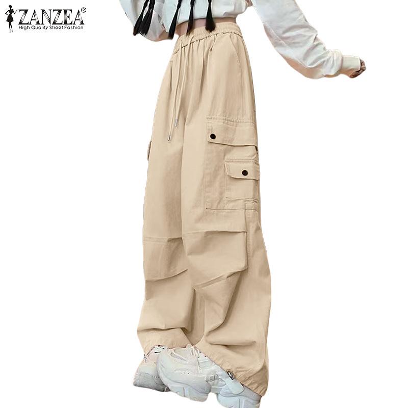 ZANZEA Women Elastic Waist Loose Casual Long Cargo Pants