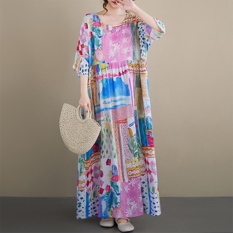 DIMANAF New 2026 Summer Beach Women Plus Size Fashion Lady Long Dress Loose Oversize Maxi Floral Print Cotton