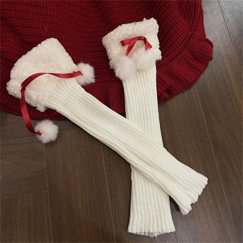 Women Winter Ribbed Knit Leg Warmer Stockings Y2K Harajuku Furry Trim Plush Ball Bow Christmas Leg Cover Long Boot Socks
