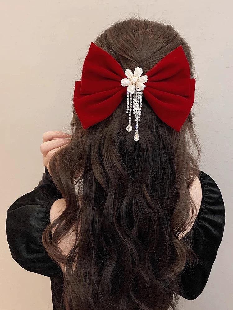 Red Big Bow Bride Wedding Engagement Toast Headgear Fugitive Princess Hair Accessories New Year Head Flower High-End Hairpin