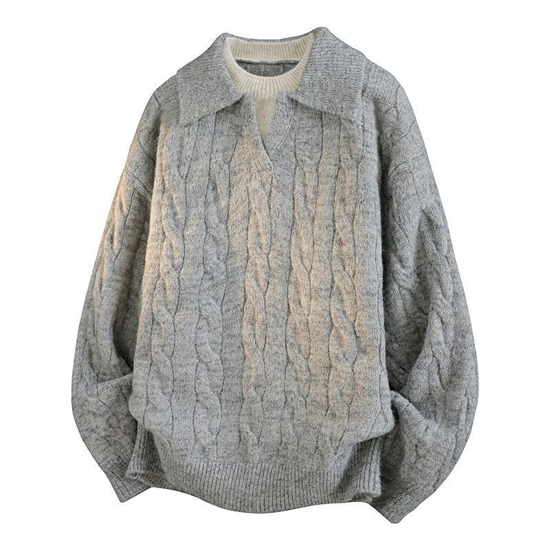 Men Fake Two Piece V Neck Twisted Knit Long Sleeve Casual Polo Sweater