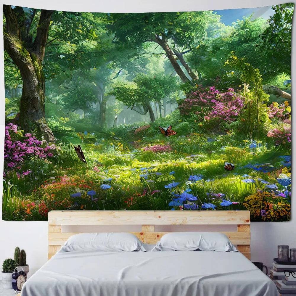 Green jungle tapestry, psychedelic castle home decoration wall hanging, Bohemian living room background cloth poster, sofa cover