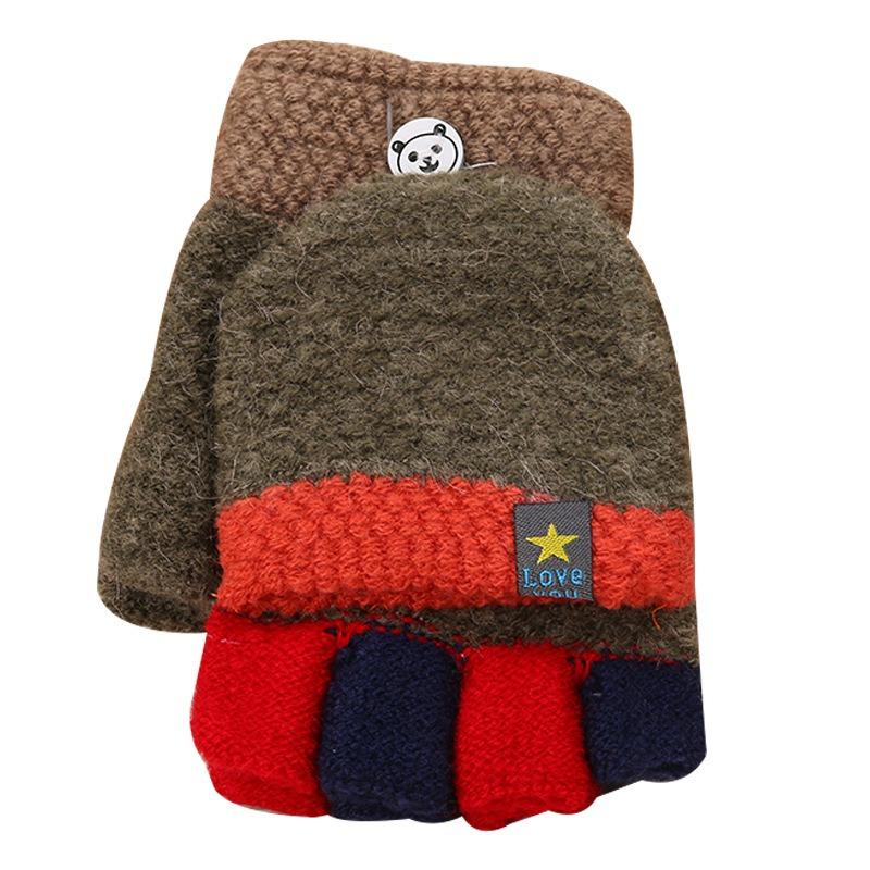 New Children's Thermal Writing Gloves Autumn and Winter Thickened Flip Color Matching Wool Finger Knitted Student Gloves Women