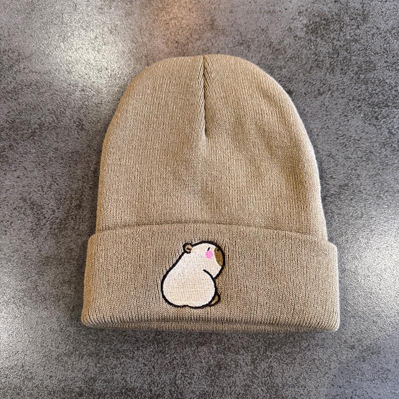 Fashion Knitted Hat With Capybara Embroidery Design Suitable For Daily Use