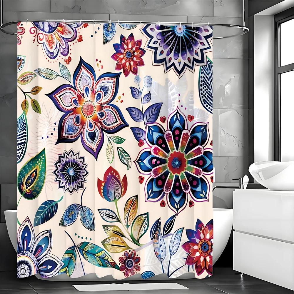 Böhmischer Stil Floral Duschvorhang, Badezimmer Dekorativer Duschvorhang, Wasserdichter Duschvorhang mit Haken