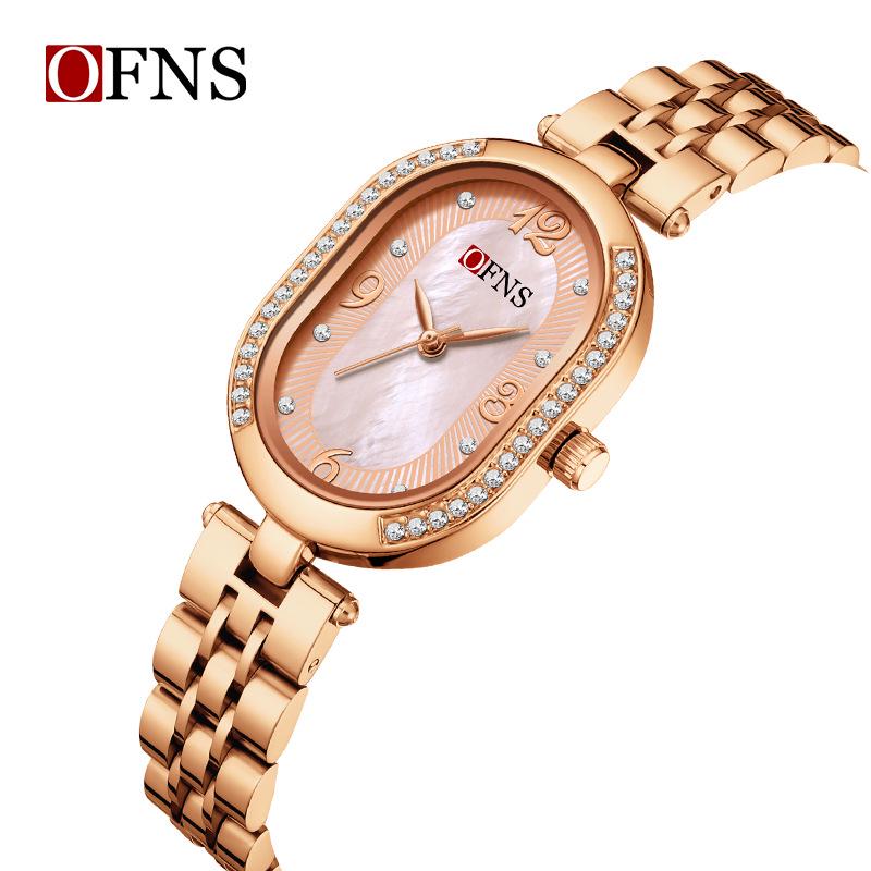 Oufanni Women's Vintage-Style Diamond-Inlaid Oval Mother-of-Pearl Watch - Waterproof Quartz with Light Luxury Appeal