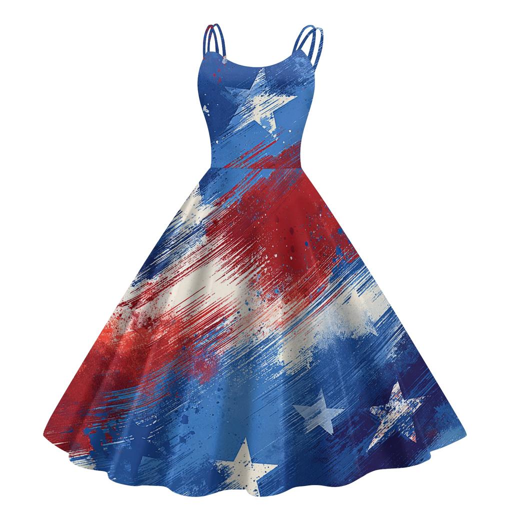 Sleeveless Spaghetti Strap A-Line Dress with Abstract Star Pattern Printed Design for Women Casual Wear