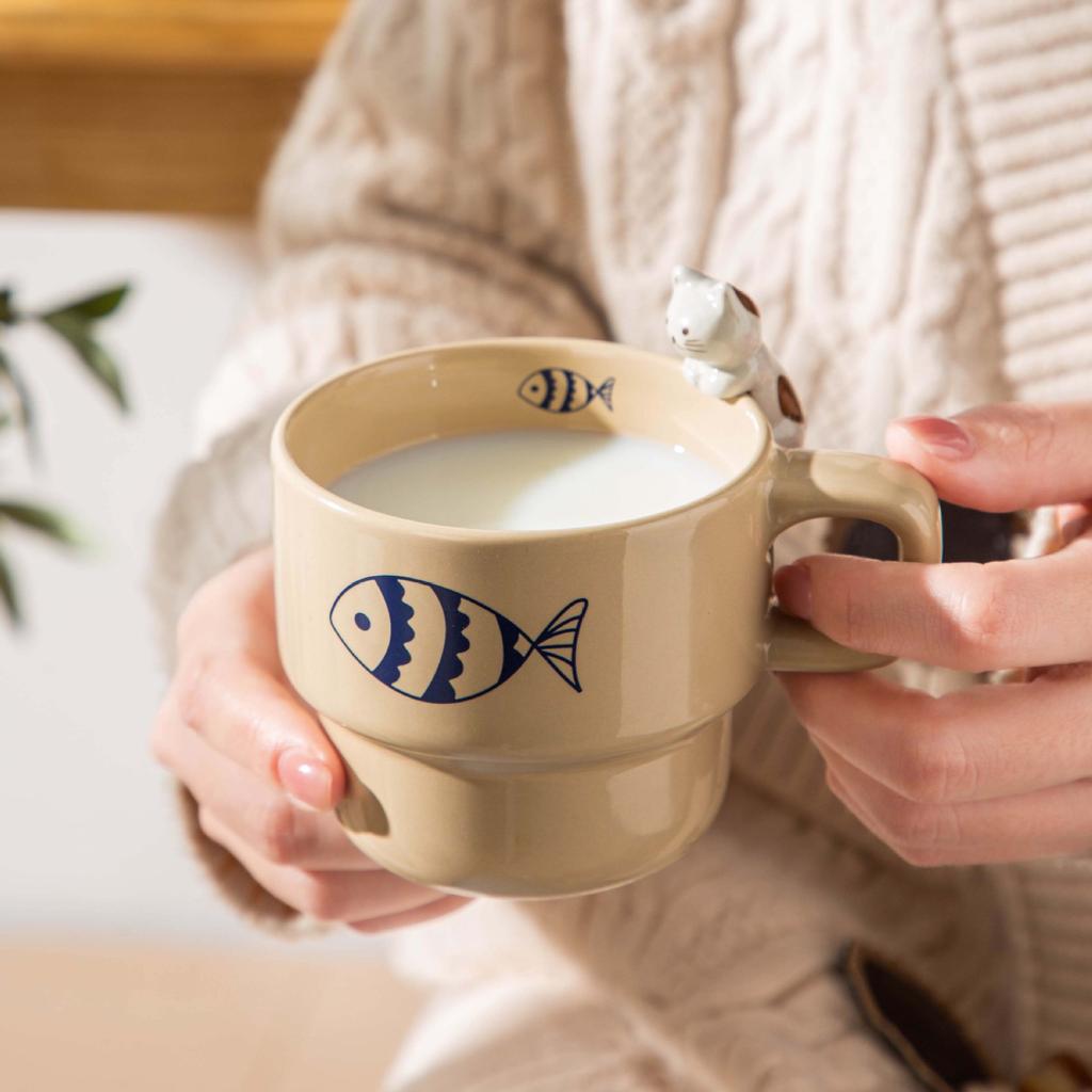 Japanese Cute Cat Coffee Cup Hand-painted Ins High-value Ceramic Cup Creative Three-dimensional Household Water Cup Hanging Tea Pet