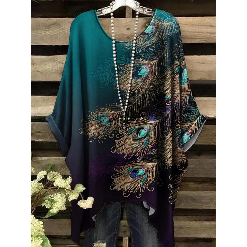 Camiseta de Verano para Mujer Estampado de Colibrí y Pavo Real Cuello Redondo Cola Cómoda Manga Corta Oversize Dobladillo Irregular Tops