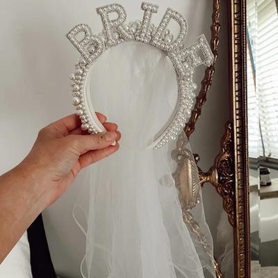 White Bride Headband Pearl Crown with Veil Bride To Be Wedding Decoration Bridal Shower Gift Bachelorette Hen Party Supplies