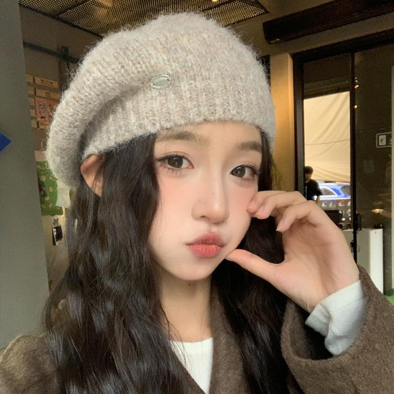 Korean Version of Autumn and Winter Hat for Women's Metal Small Label Knitted Beret Solid Color Versatile Warm Wool Hat Thick New