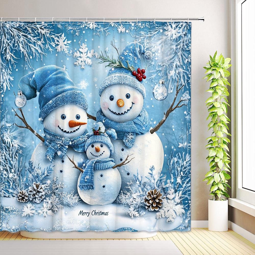 Christmas Cute Snowman Shower Curtains Santa Claus Winter Snowflake Snow Scenery Cedar Reindeer Xmas Bathroom Decor With Hooks