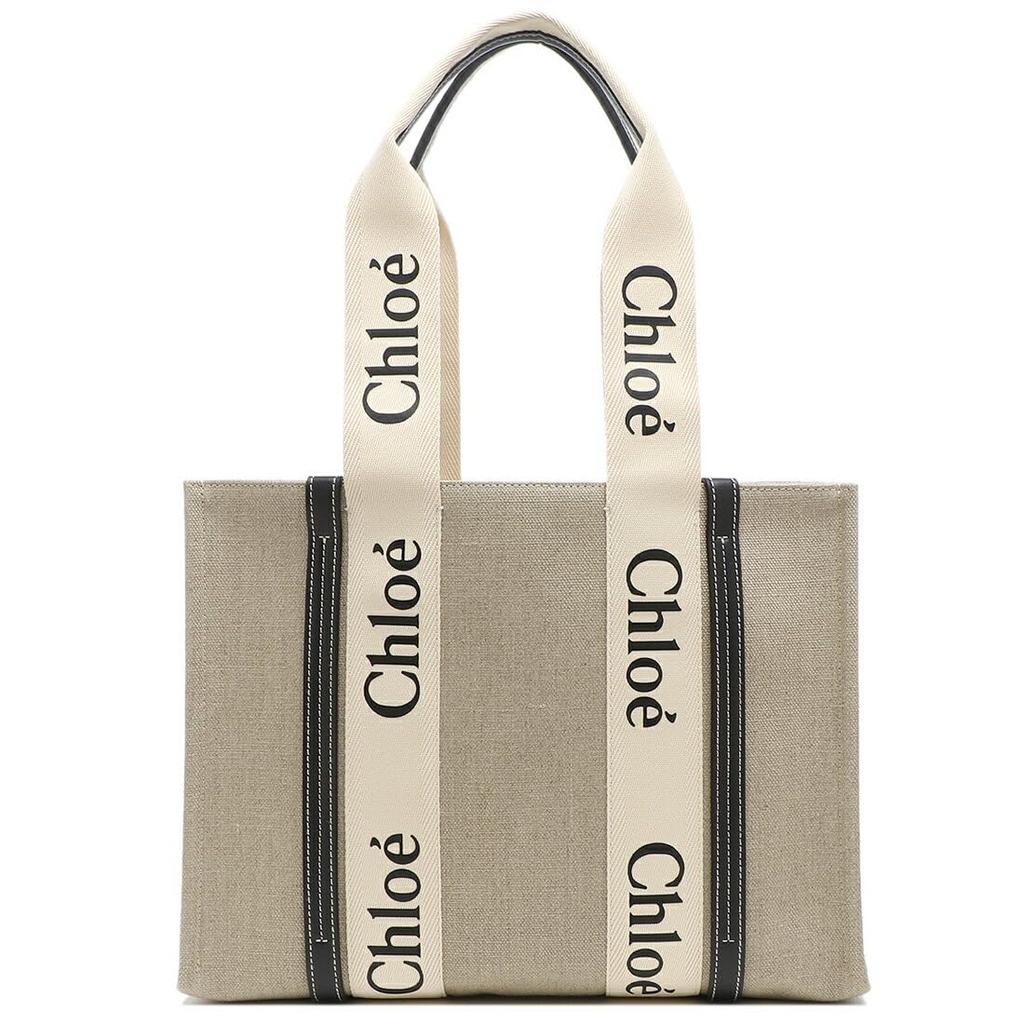 Chloe Woody Medium Tote Beige and CHC22AS383I26 A4 Size Compatible Bag, Navy, Women's, 91J, [Used]