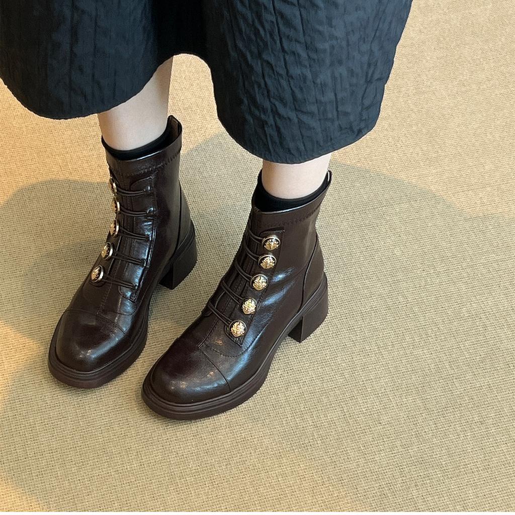 Sheepskin version~ Martin boots women's 2025 new British black round head badge small gold buckle rear zipper high heel short boots