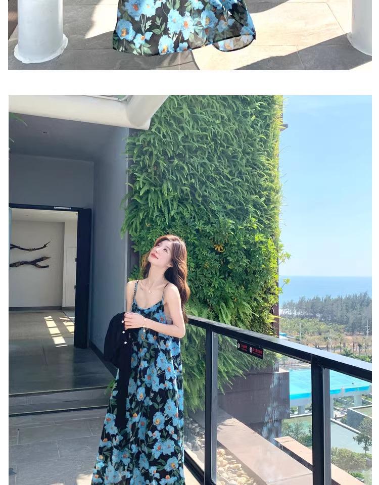 Blue Floral Strappy Chiffon Dress - Women's 2026 Summer Elegant Beach Style