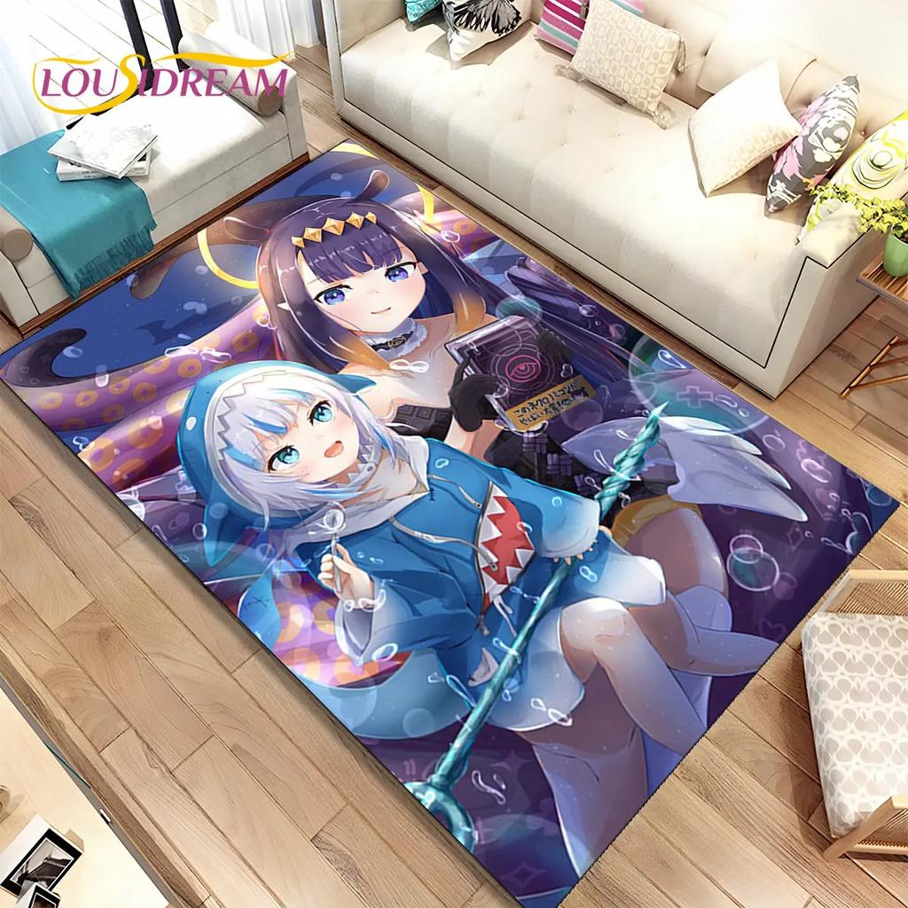 Gawr Gura Hololive Niedlicher Anime-Teppich, groß, Teppich für Wohnzimmer, Schlafzimmer, Sofa, Fußmatte, Dekoration, rutschfeste Bodenmatte für Kinder