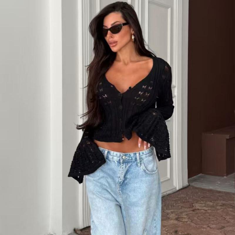 A Design-sense Hollowed-out Spicy Girl Knitted Cardigan In Solid Color, Long-sleeved V-neck, Short Flared Sleeve Top and Blouse