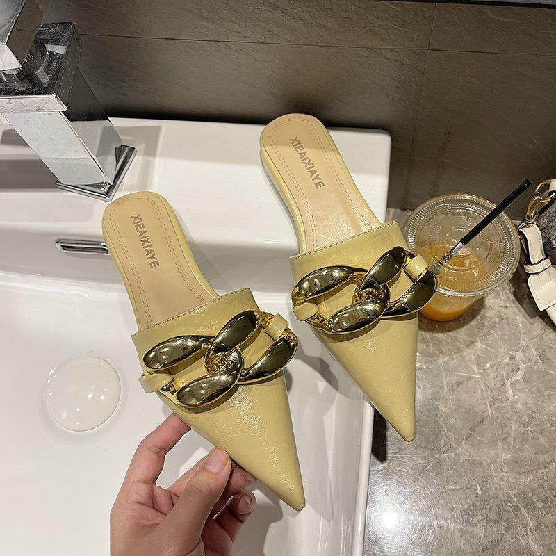 Fashion Aphixta 2025 Fashion New Big Chain Mules Women Slides Pointed Toe Ladies Shoes Summer Footwear Slippers