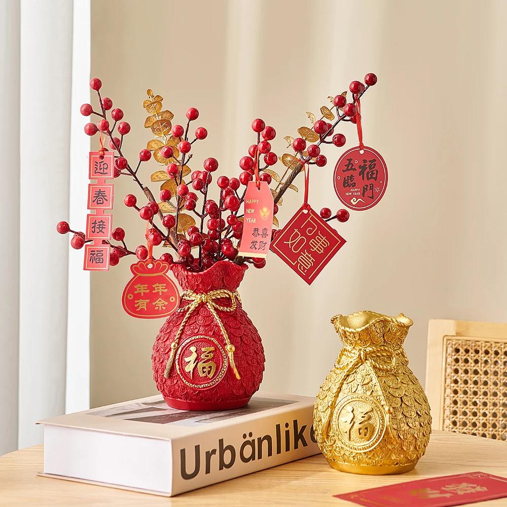 Creative New Year Living Room Decoration Gold Wheat Holly Fortune Fruit Vase Flower Arrangement Dry Flower Bag Vase