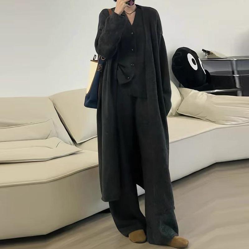 Vest Cardigan Wide-leg Pants Three-piece Casual Style Set Autumn and Winter New Solid Color Sweater