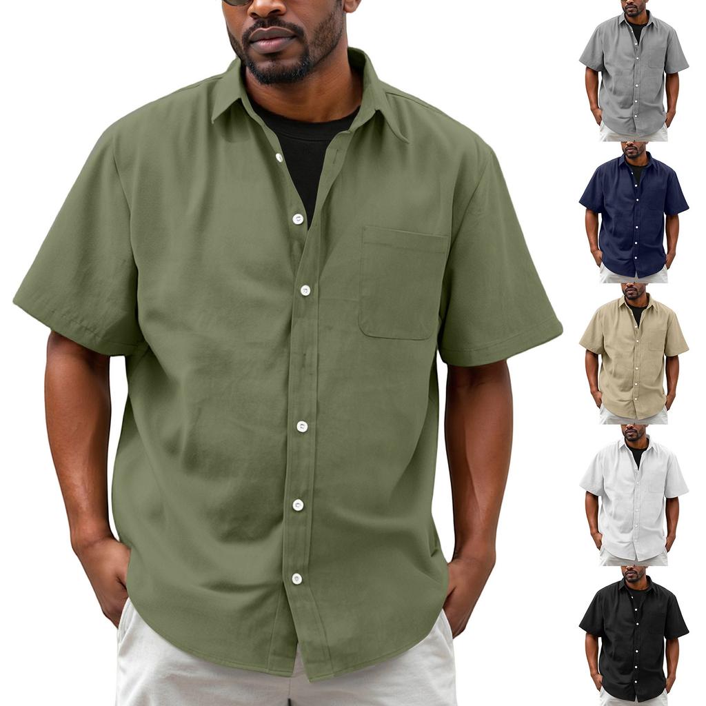Men'S Fashion Collar Solid Color Shirt Casual Short Sleeved Top