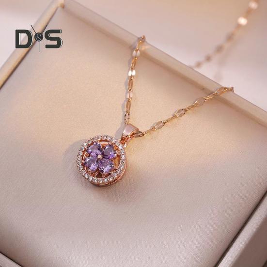 Rotatable Rhinestone Flower Pendant Necklace for Women Titanium Steel Shiny Cubic Zircon Flower Choker Wedding Party Jewelry
