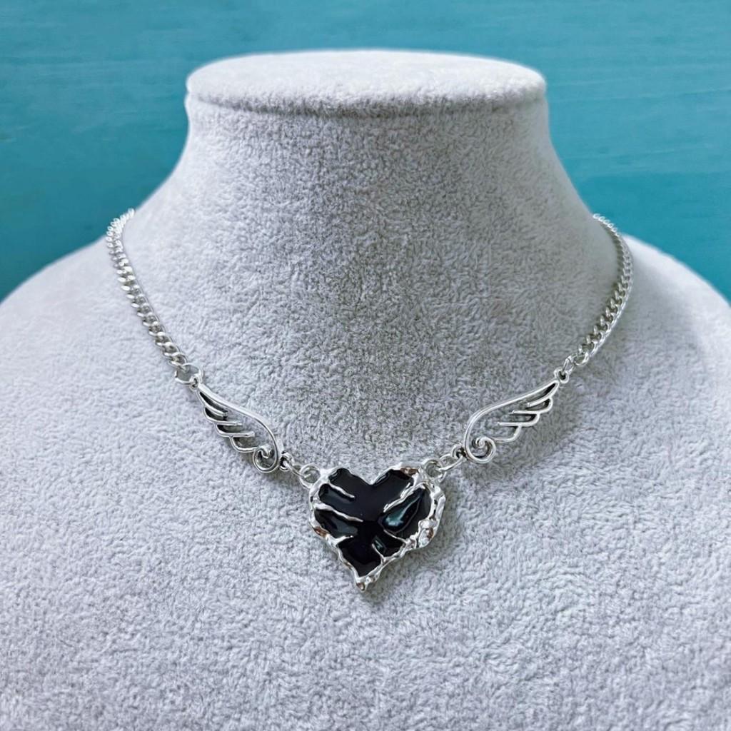 Dark Chic Geometric Alloy Chain With Angel Wing Pendant For Men Women