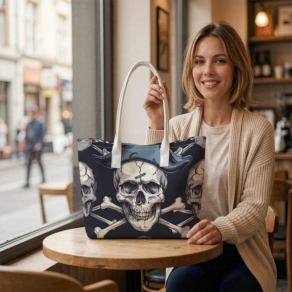 Cool Skull Print Casual Tote Bag Large Capacity Trendy Portable Daily Shoulder Bag