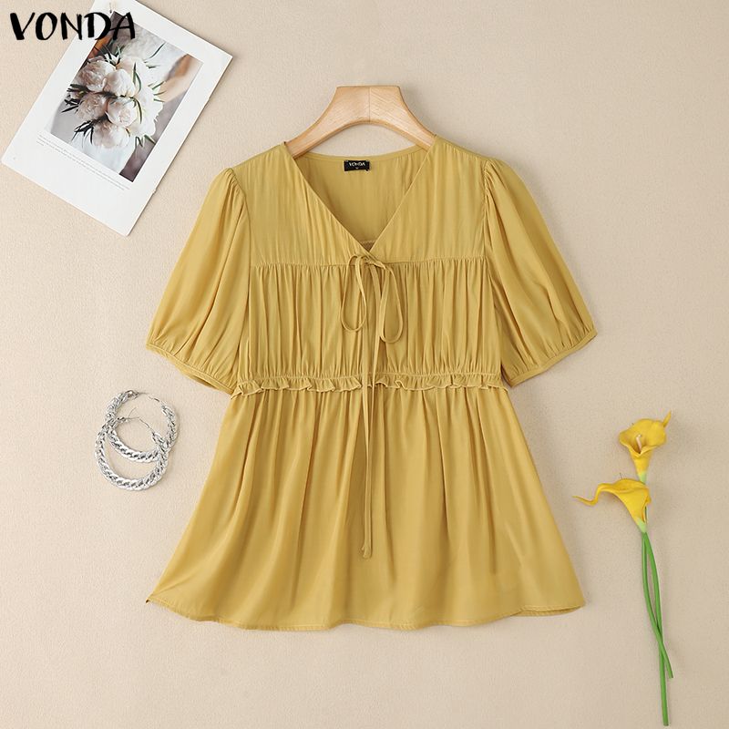 

VONDA Women V Neck Short Sleeve Bow Knot Ruffled Casual Tops Blouse S жёлтый