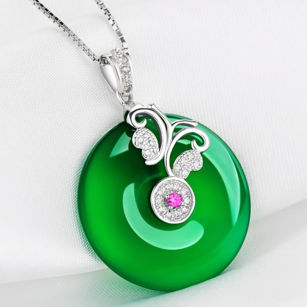Elegant Synthetic Green Chalcedony Agate Pendant 925 Silver Plated Necklace for Women
