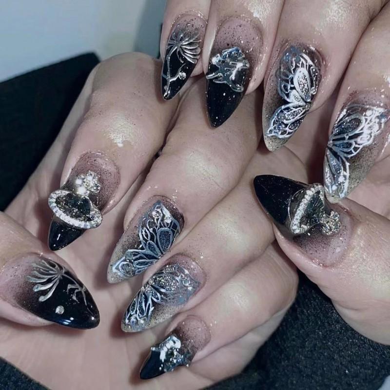 Spicy Girl French Nail Art Fake Nails Butterfly Wearing Patches Almond Sparkling Diamonds Planet Rings