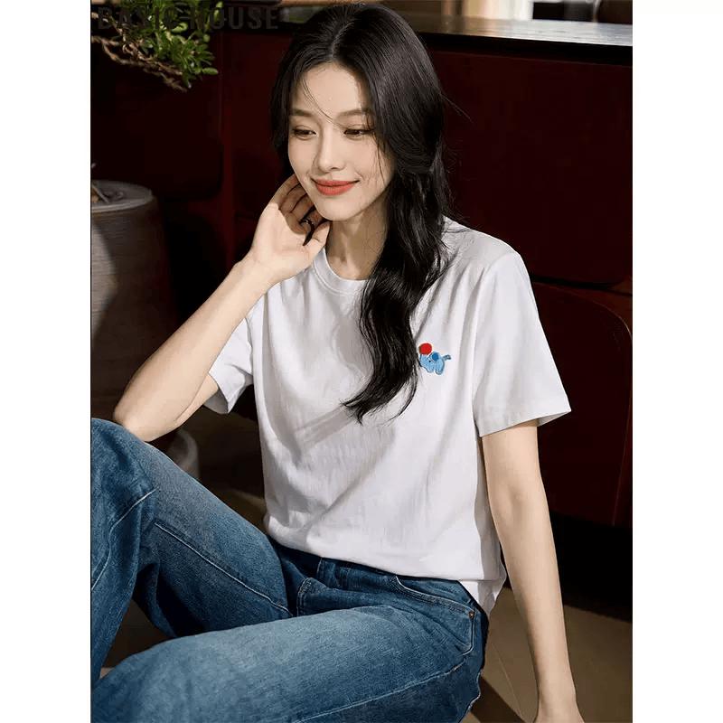 Basic House Women s Pure Cotton Embroidered Short Sleeve T-Shirt One Size
