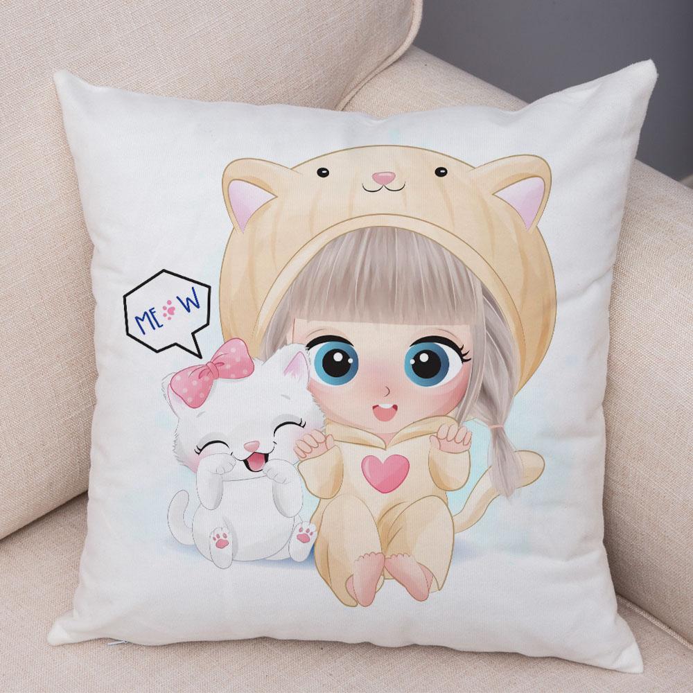 Lovely Girl and Cat Pillowcase Decor Cute Cartoon Child Cushion Cover Pillow Case for Children Room Sofa Home Car 45x45cm