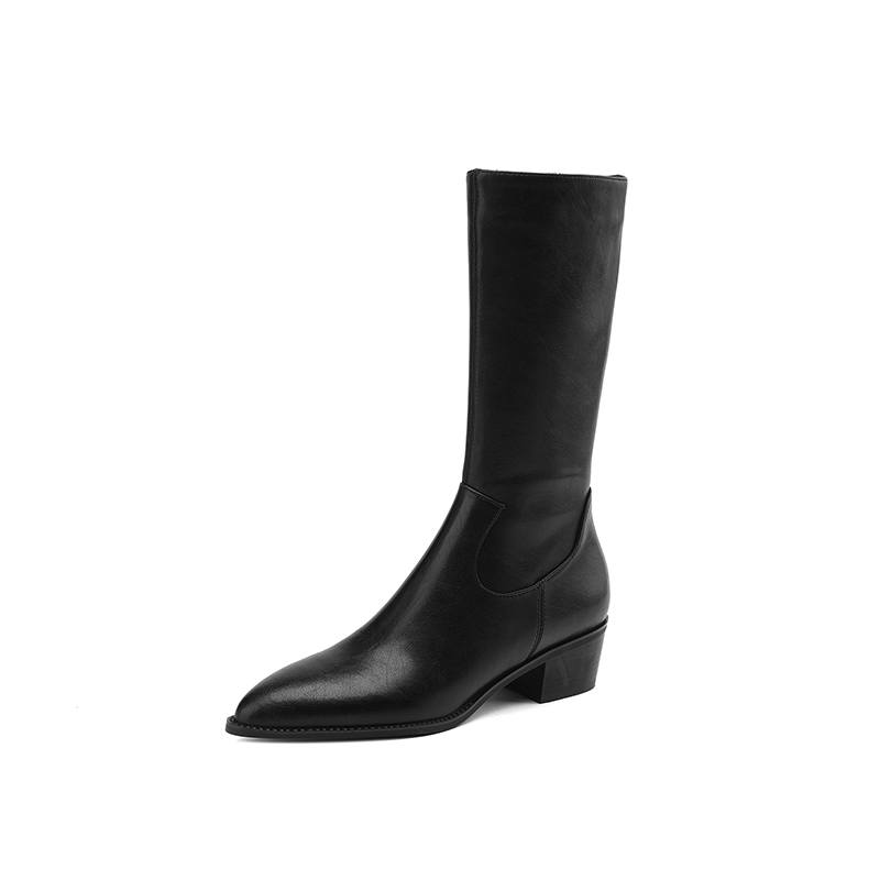 Krazing Pot Cow Leather Winter Pointed Toe Thick Med Heels Western Boots Women Zipper Retro Vintage Mid-calf Boots
