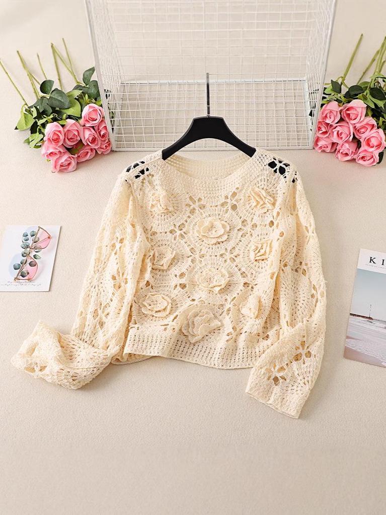 Plus Size Red Crochet Knit Sweater with 3D Floral Design for Women