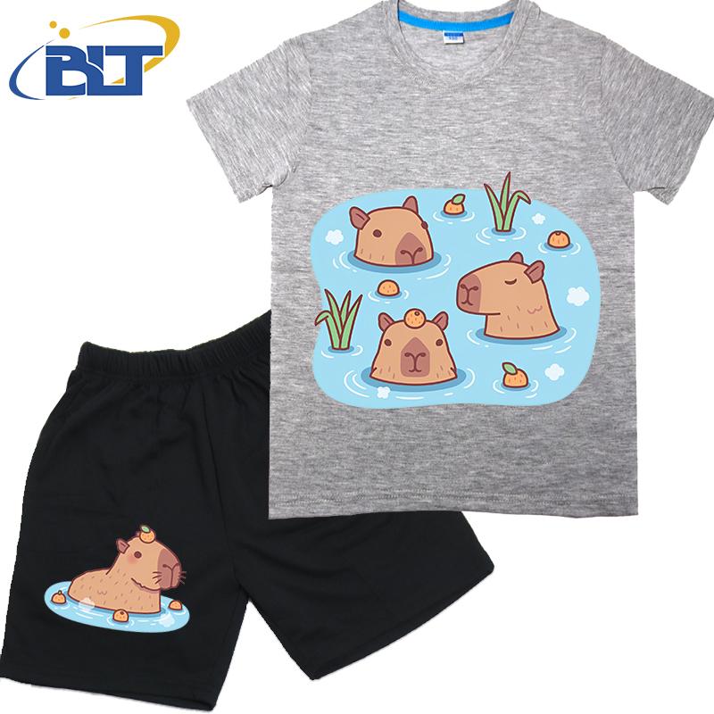 Cute Capybaras Chilling In Hot Spring With Oranges Print Kids T-shirt Set Summer Cotton Short-sleeved Shorts 2-piece Set