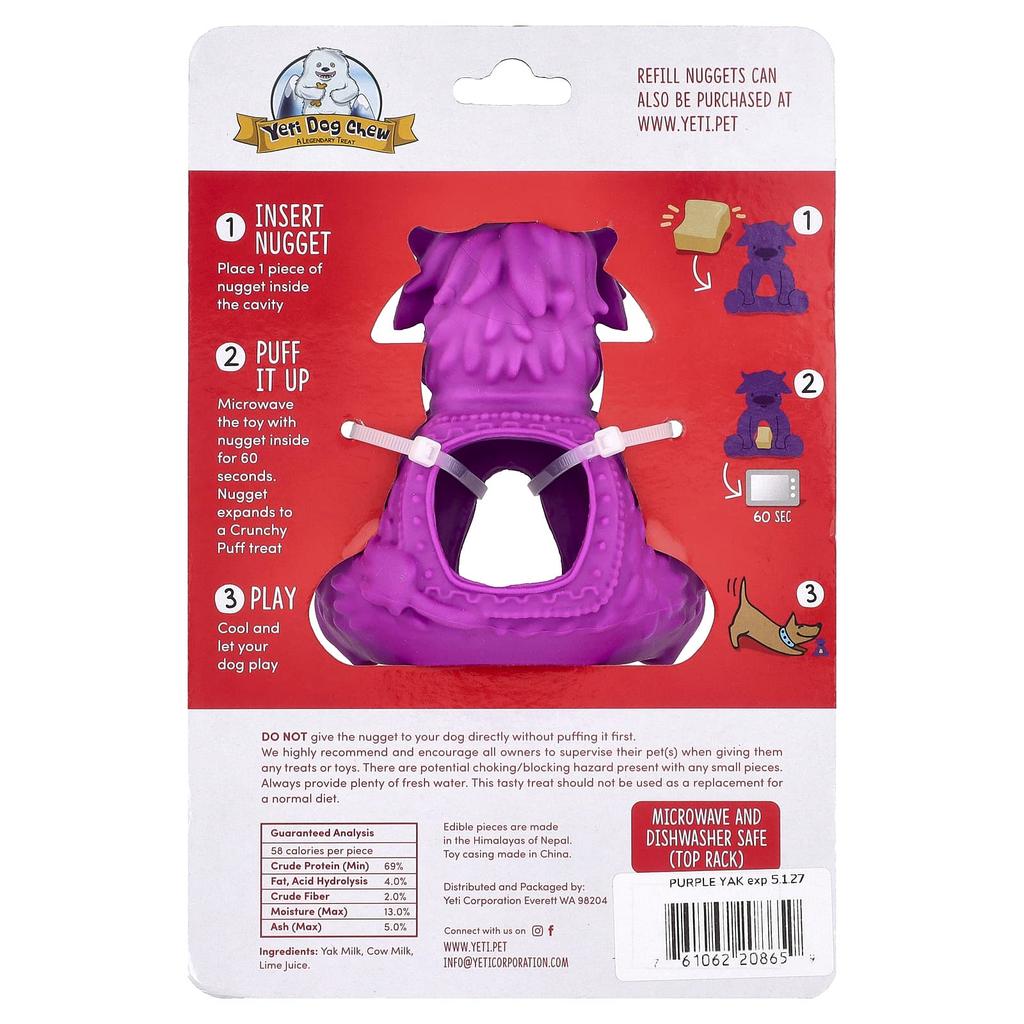 Yeti Dog Chew, Puff & Play, Treat Dispenser, Yeti Dog Chew Nuggets, Purple, 4 Nuggets, 1 Dispenser