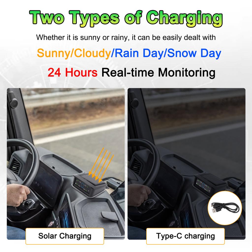 Tire Pressure Monitoring System, Solar Tire Pressure Monitor with 4 External Sensors, Ambient Light, Real Time Display