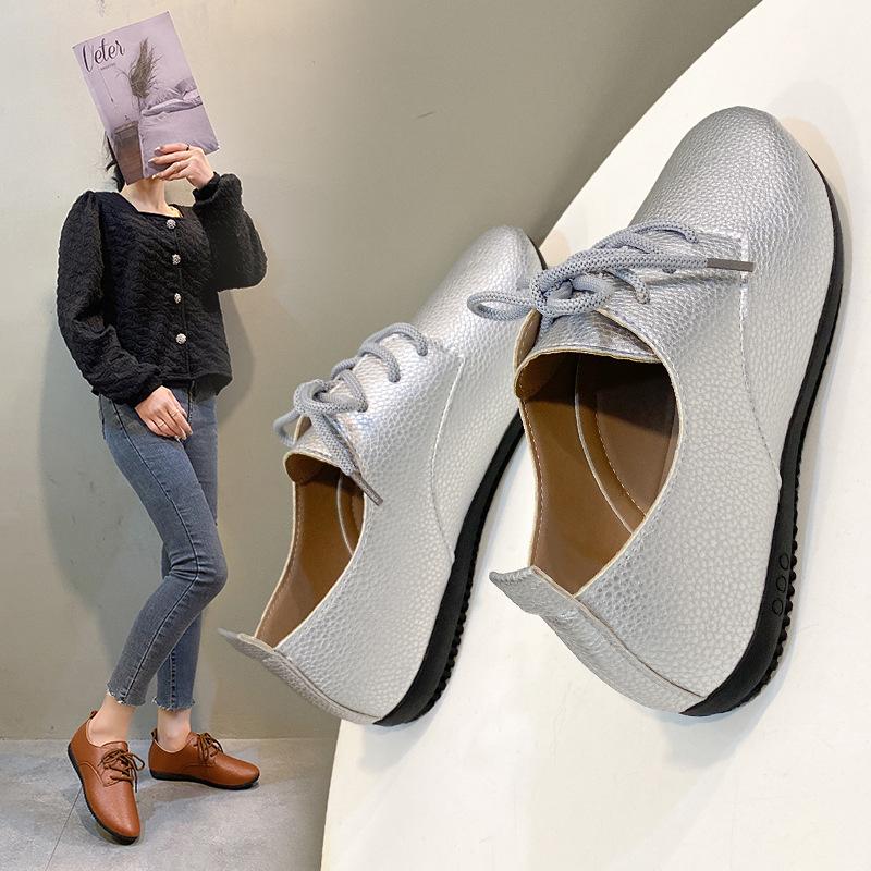 Large size casual women's shoes spring and summer fashion flat heel lace-up single shoes round head soft surface women's shoes
