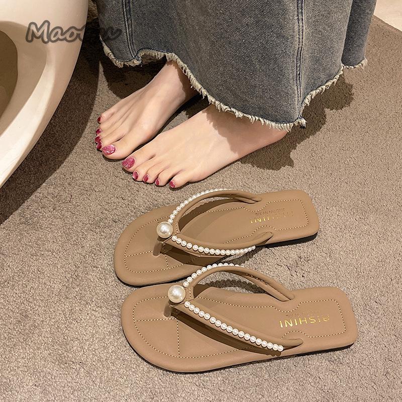 Fashion Women's Beach Sandals Flat Bottom Anti-Slip Fashion Summer Soft PU Flip-Flops Pearl Beaded Comfortable Shoes Sandalias De Mujer