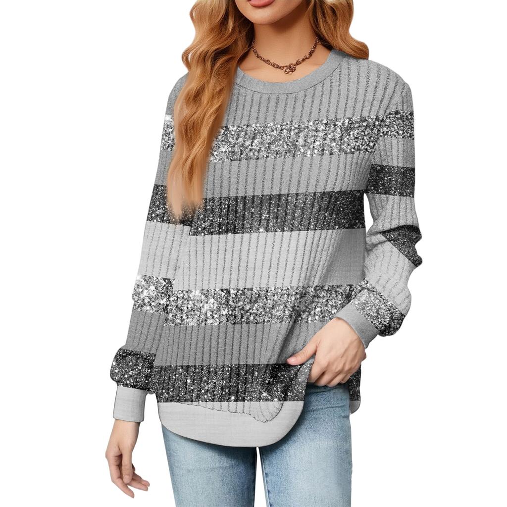 Fashionable Women's Long Sleeved Striped Printed Lightweight Sweater With Loose Round Neck Top
