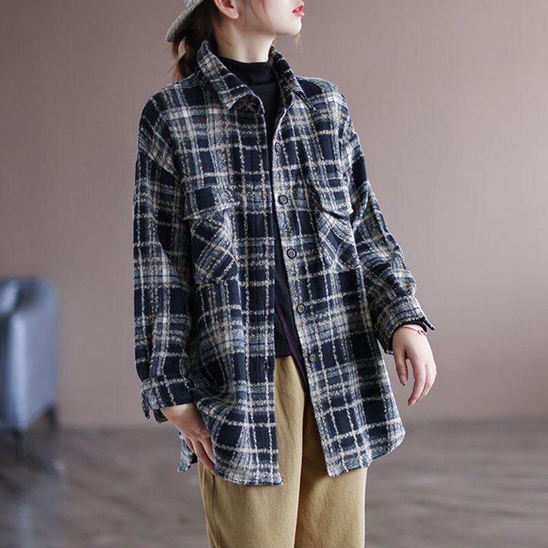 2026 Spring Women s Retro Plaid Brushed Shirt Jacket 2XL