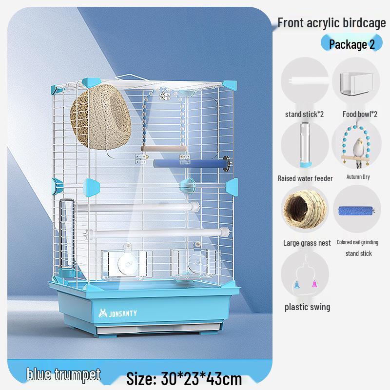 Großer Acryl-Vogelkäfig für Papageien, Nymphensittiche & Wellensittiche - Transparente Vorderseite mit Metallrahmen