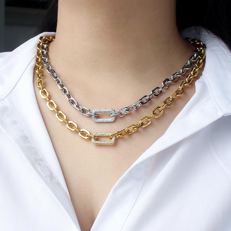 Delicate Small Square Stainless Steel Gold Color 6mm Link with Zircon Crystal Stone Link Necklace Choker for Women Femal