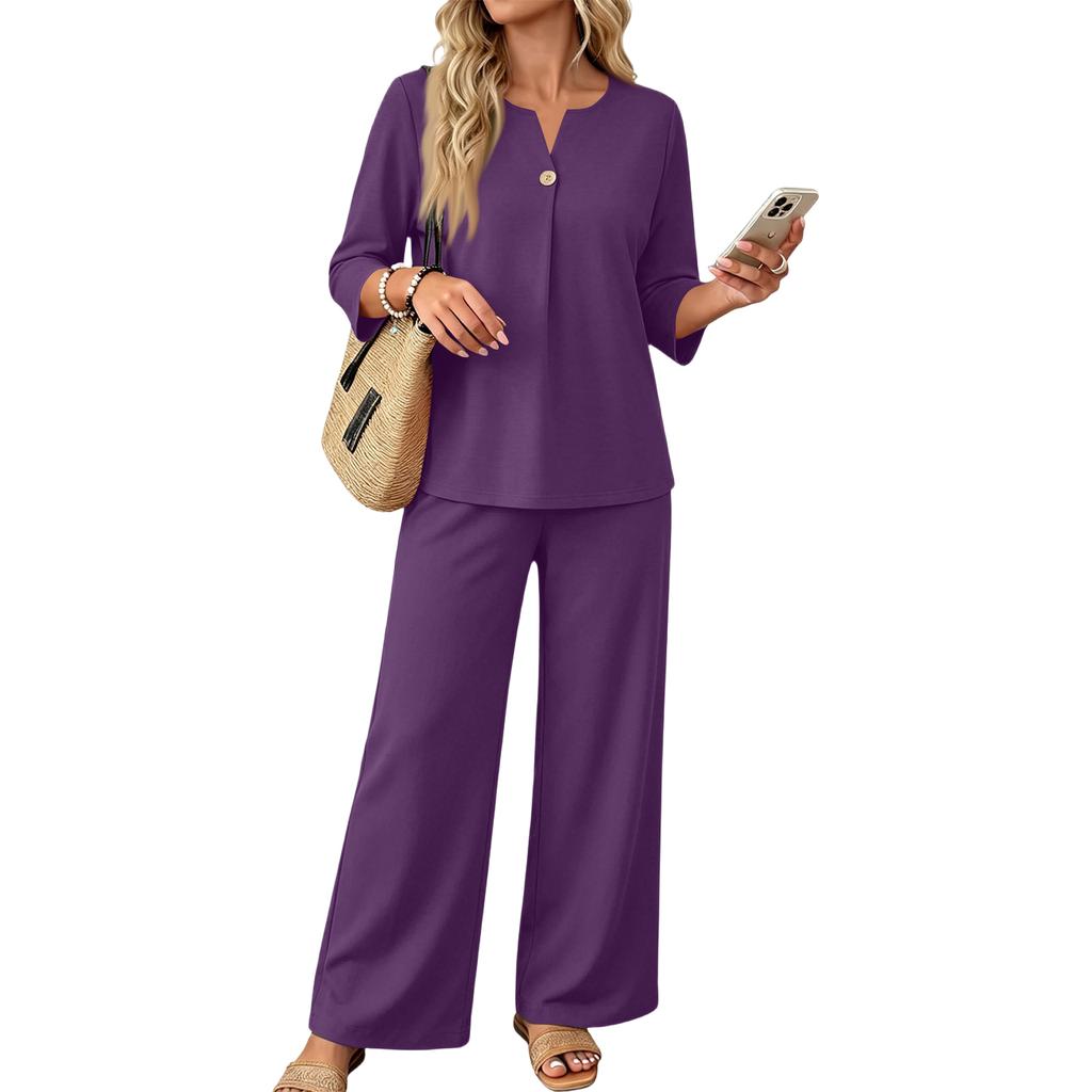 Women’s Casual Two Piece Outfit Button Down Three Quarter Sleeve Top and Wide Leg Long Pants Set for Daily Wear Office Travel