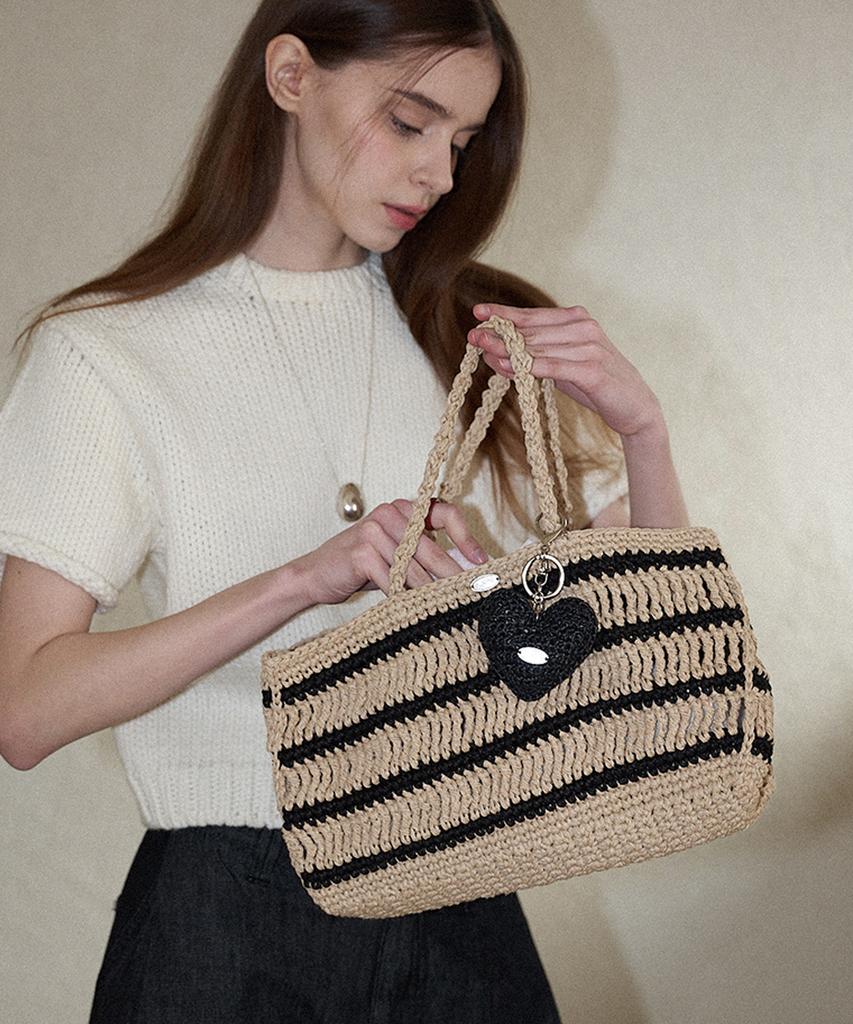 Slowslowly Moroccan Handmade Crochet Stripe Wide Tote Bag _ Beige