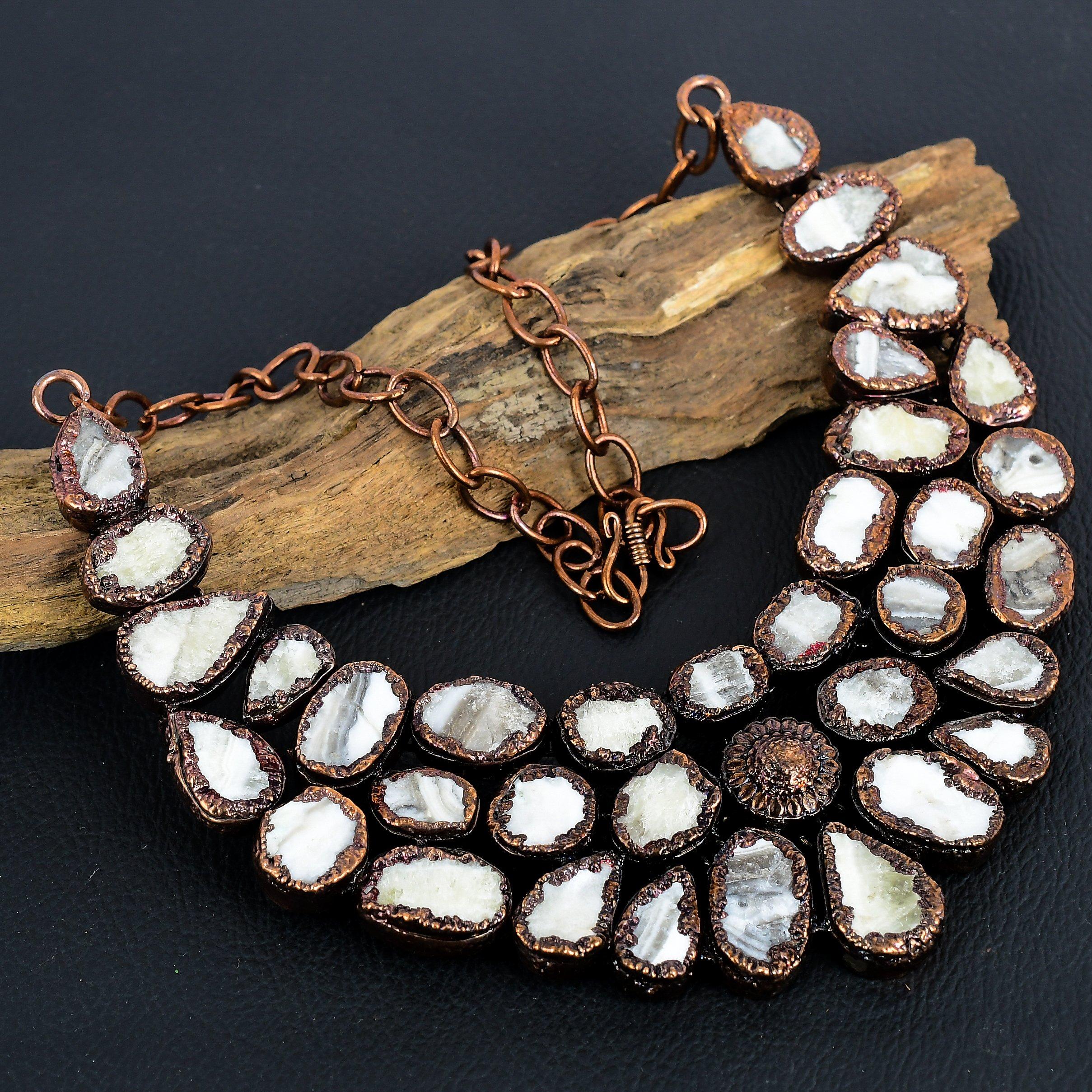 

Yellow Lace Agate Necklace Gemstone Jewelry, Copper Electroformed Adjustable Chain Necklace, Gift For Women Handmade Necklace