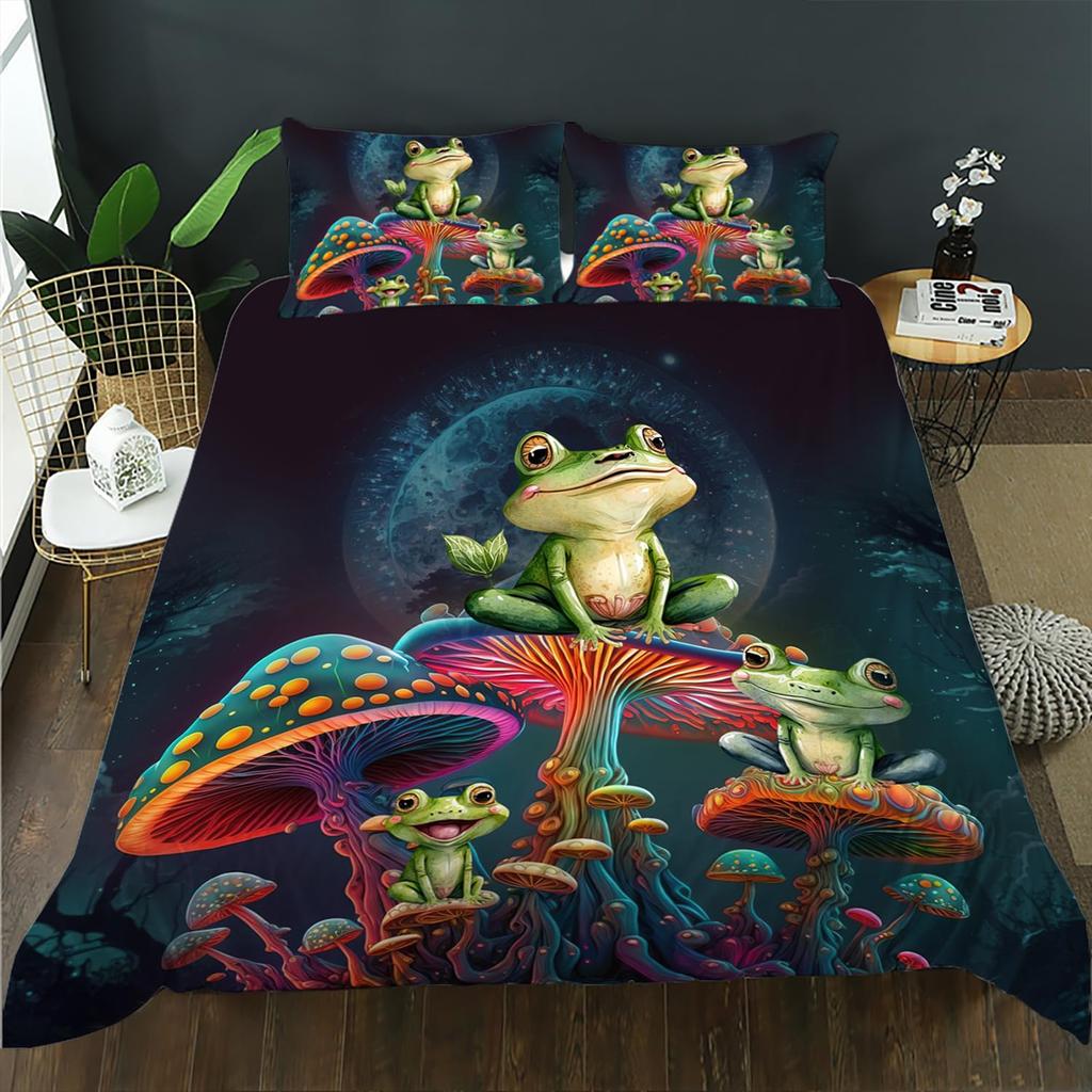 Funny Smoking Frog Duvet Cover Set King Bedding Set Boho Moon Stars Botanical Fungus Mushroom Comforter Cover Children Bedding